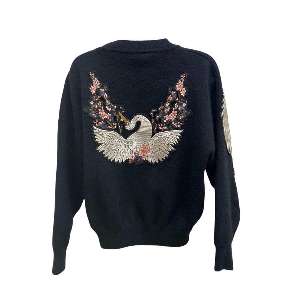 Vtg Blk Cardigan Sweater Wings Swan Embroidered Patches Zip up women’s S/M